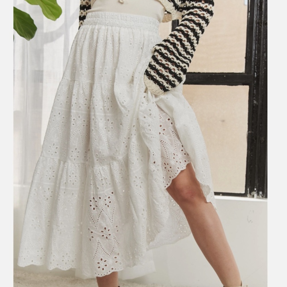 ADORA Tiered Elastic Waist 100% Cotton Eyelet Midi Skirt Boho Western Festival L